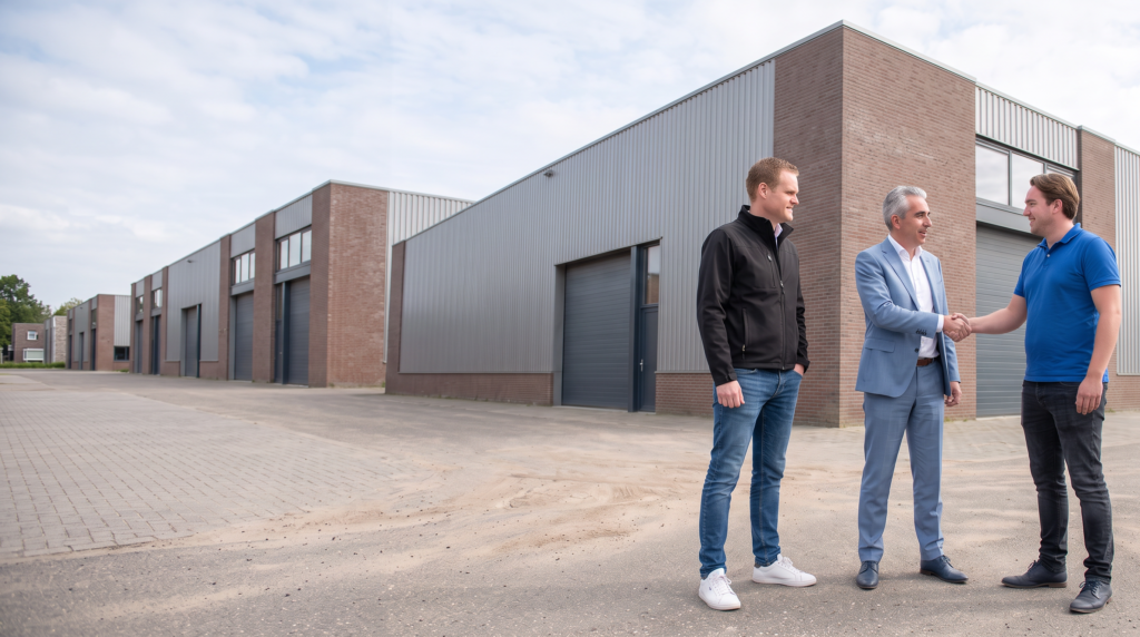 Ondernemer en investeerder geven elkaar een hand voor een bedrijfspand