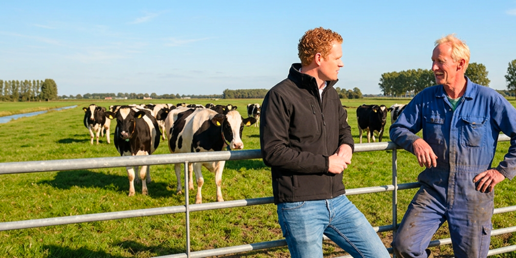 Adviseur van United Growth in gesprek met een melkveehouder bij het hek van het weiland